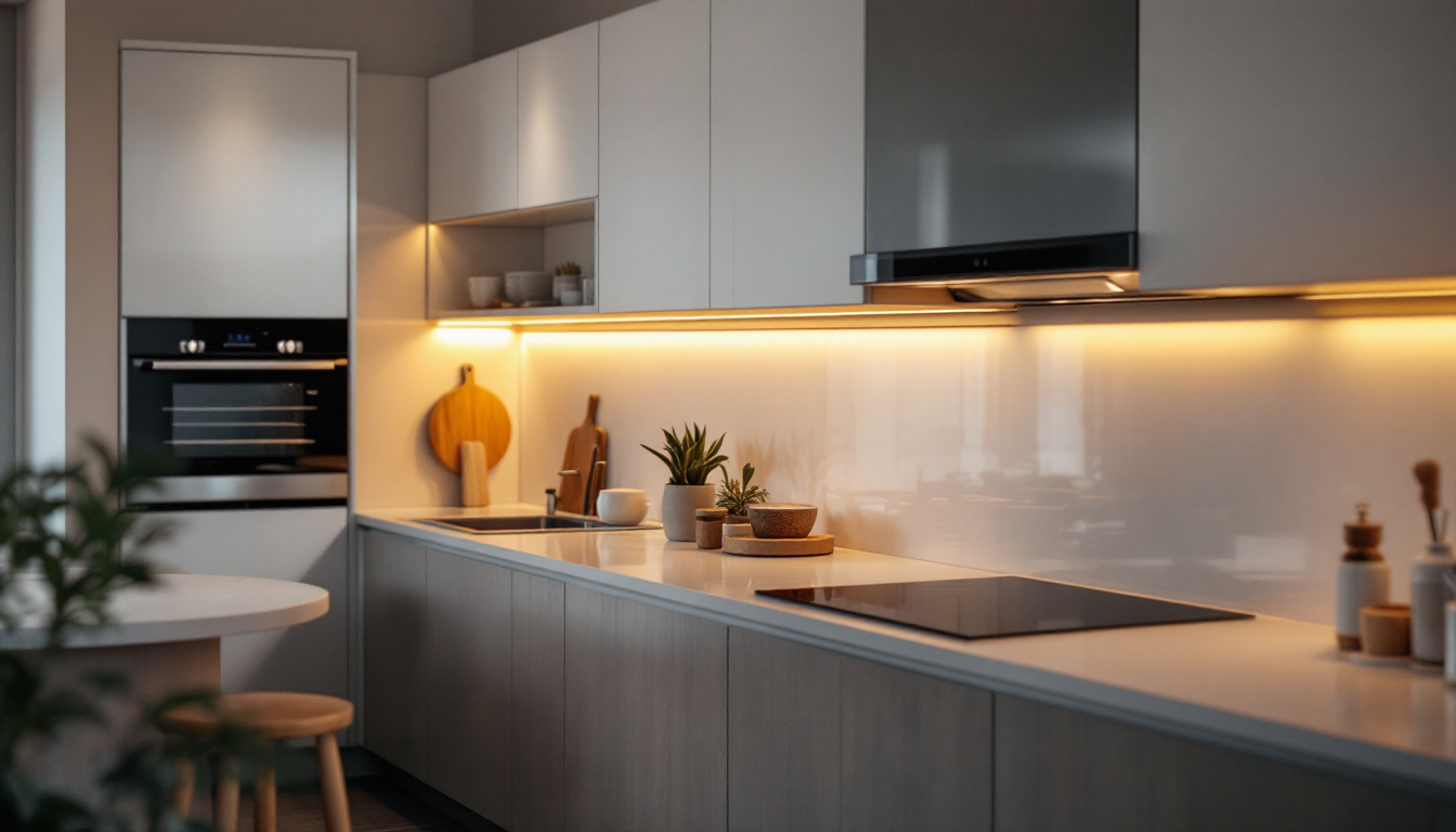 A photograph of a beautifully designed kitchen with stylish under cupboard lighting illuminating the countertops