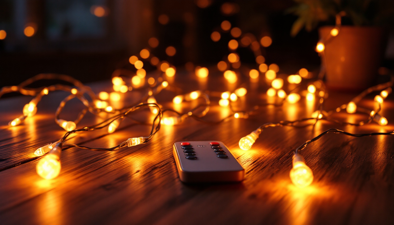 A photograph of a beautifully arranged setup featuring led string lights with a remote control in a dimly lit environment