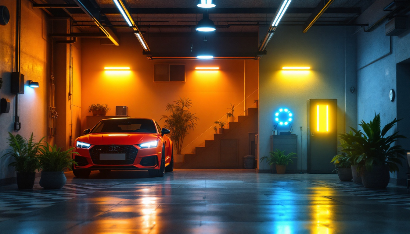 A photograph of a well-lit garage featuring led lights in various configurations