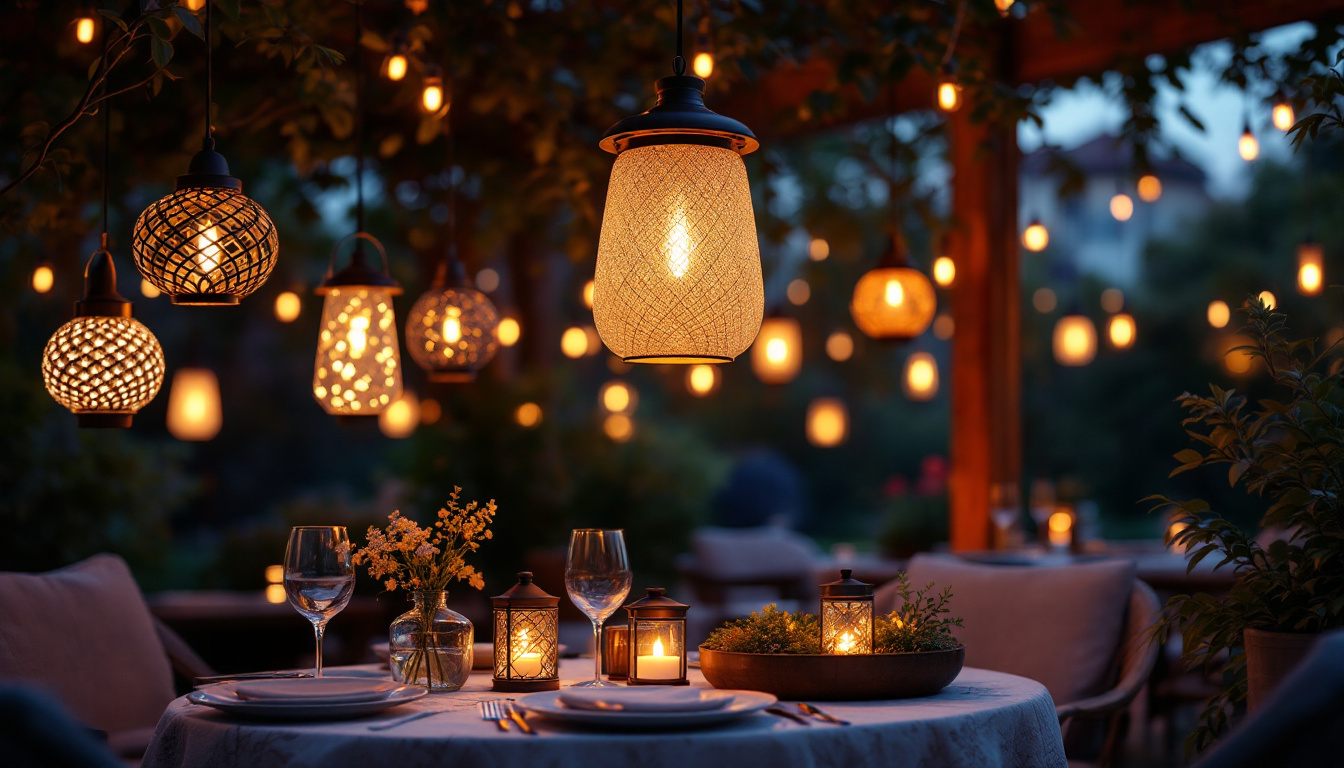 A photograph of a beautifully arranged outdoor setting featuring various styles of hanging lanterns illuminated at dusk