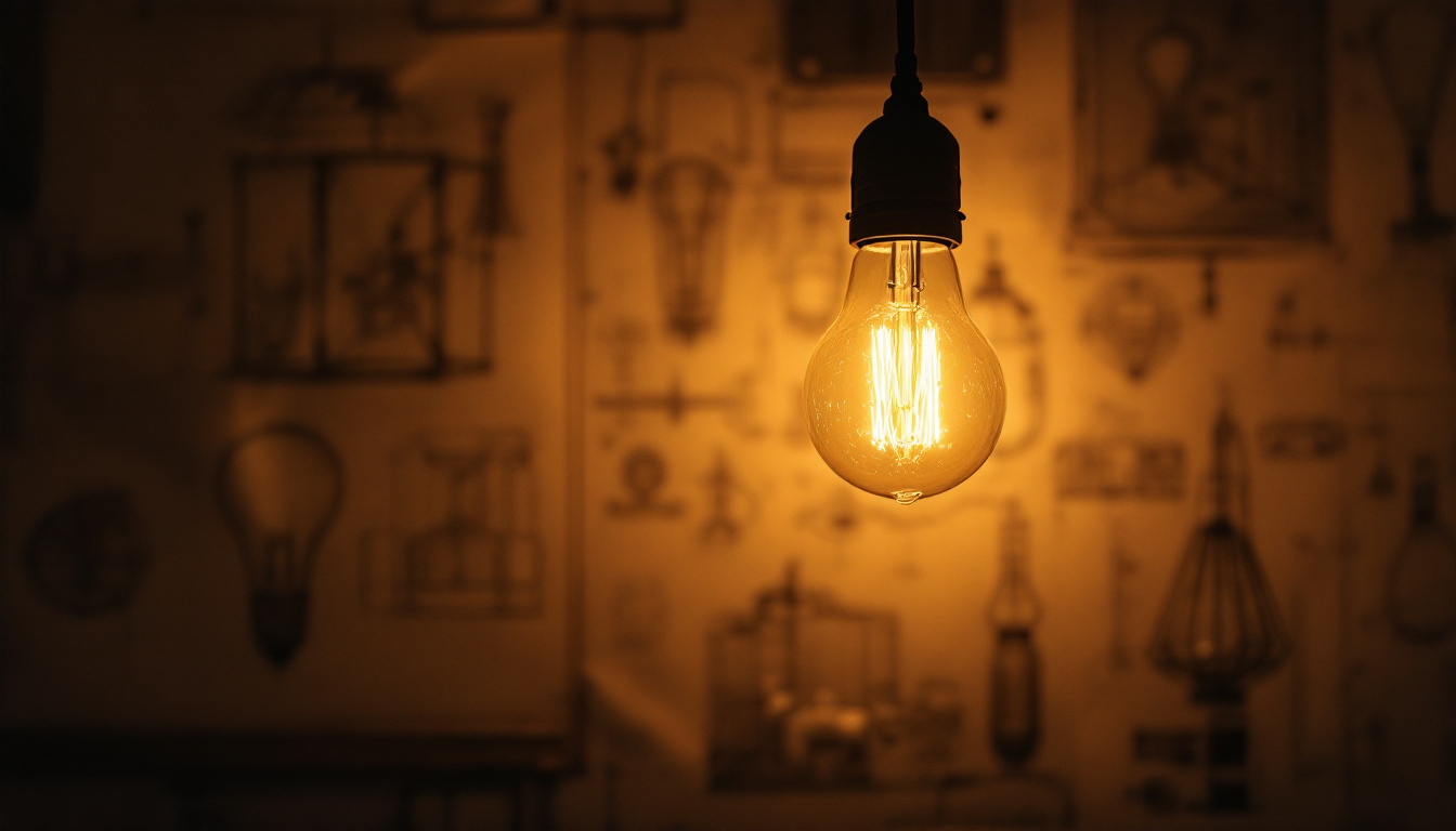 A photograph of a vintage light bulb glowing softly in a dimly lit setting