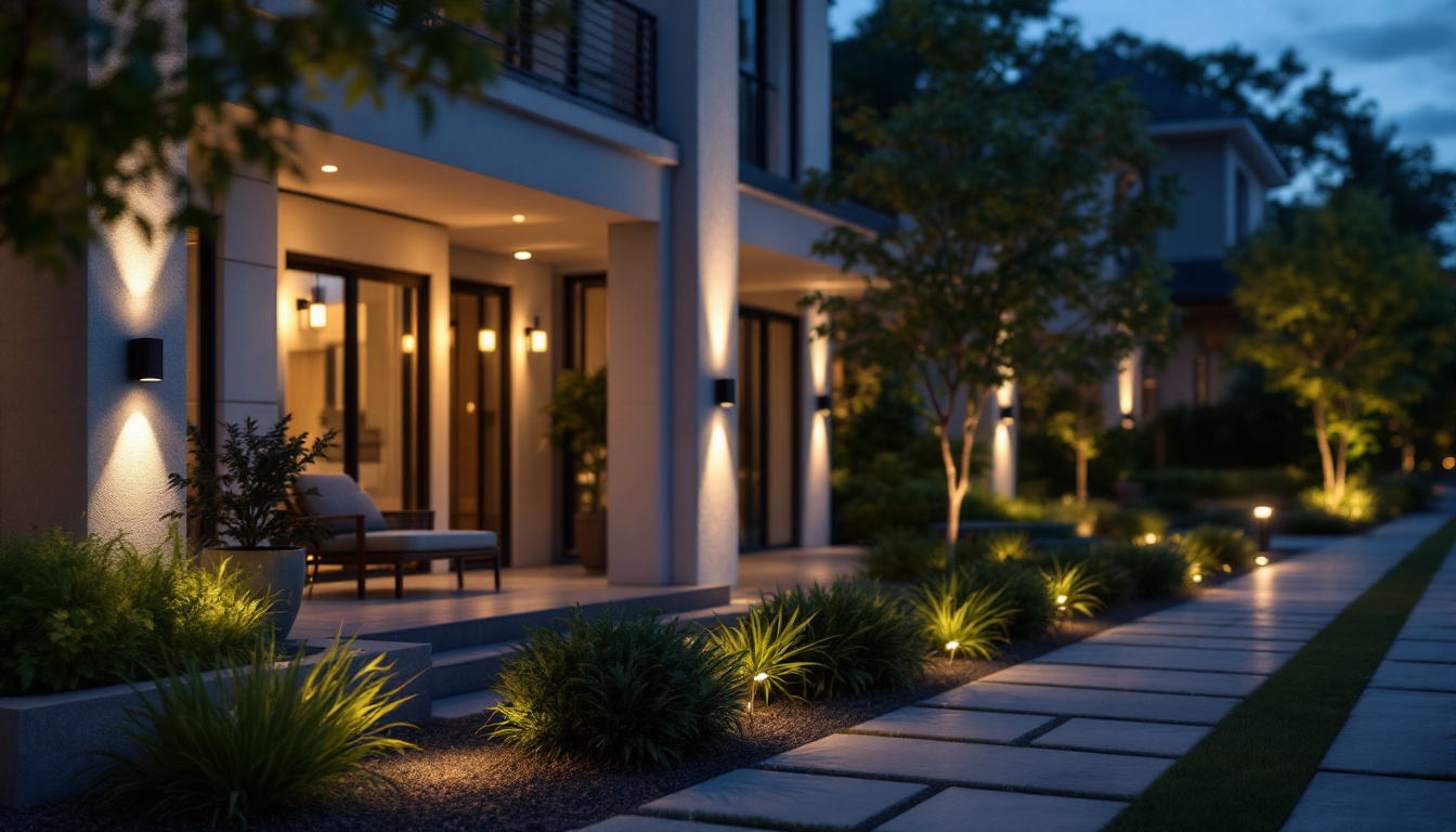 A photograph of capture a photograph of a beautifully lit exterior space featuring various spotlight fixtures in use