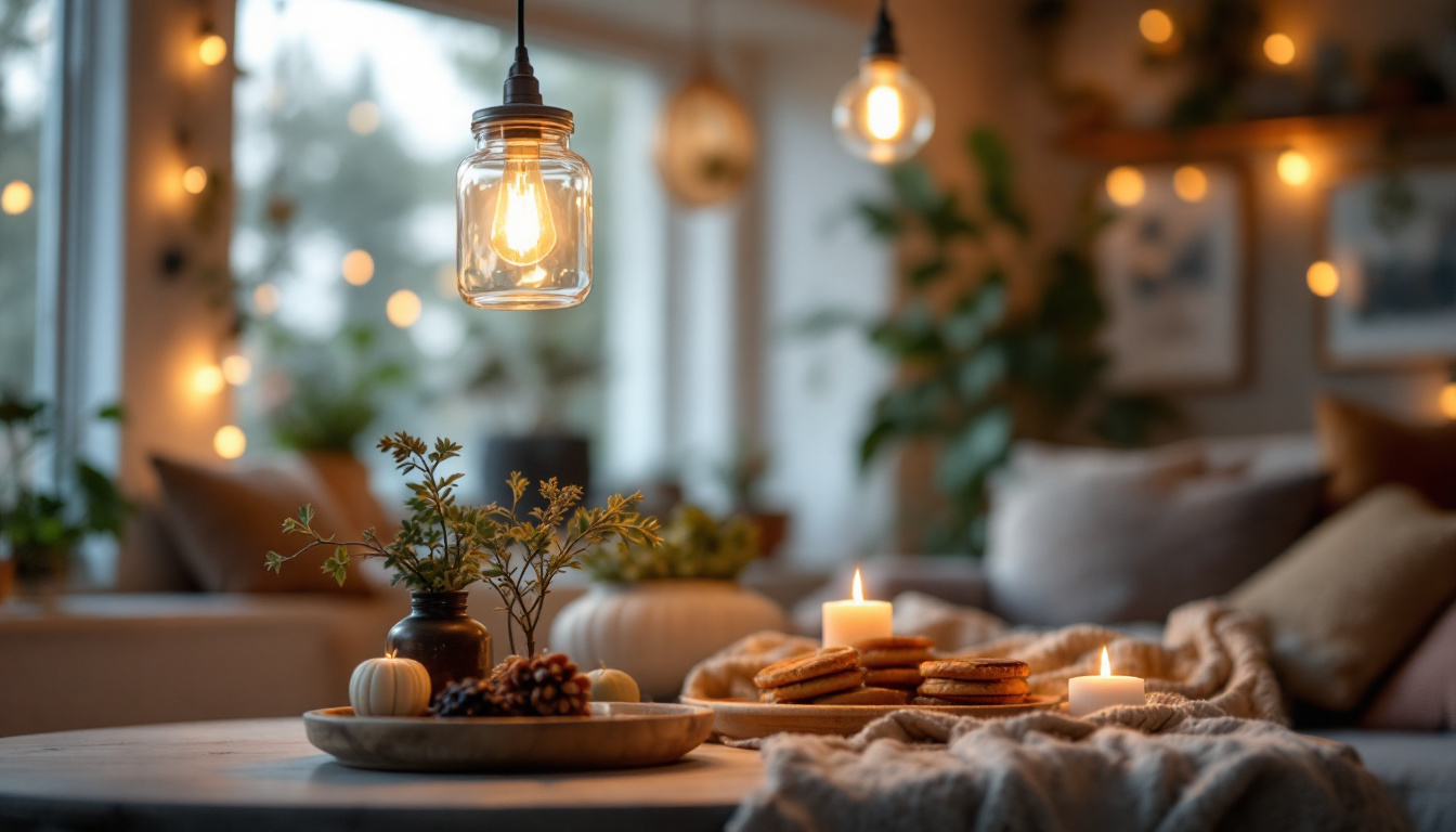A photograph of a beautifully arranged canning jar light fixture in a cozy