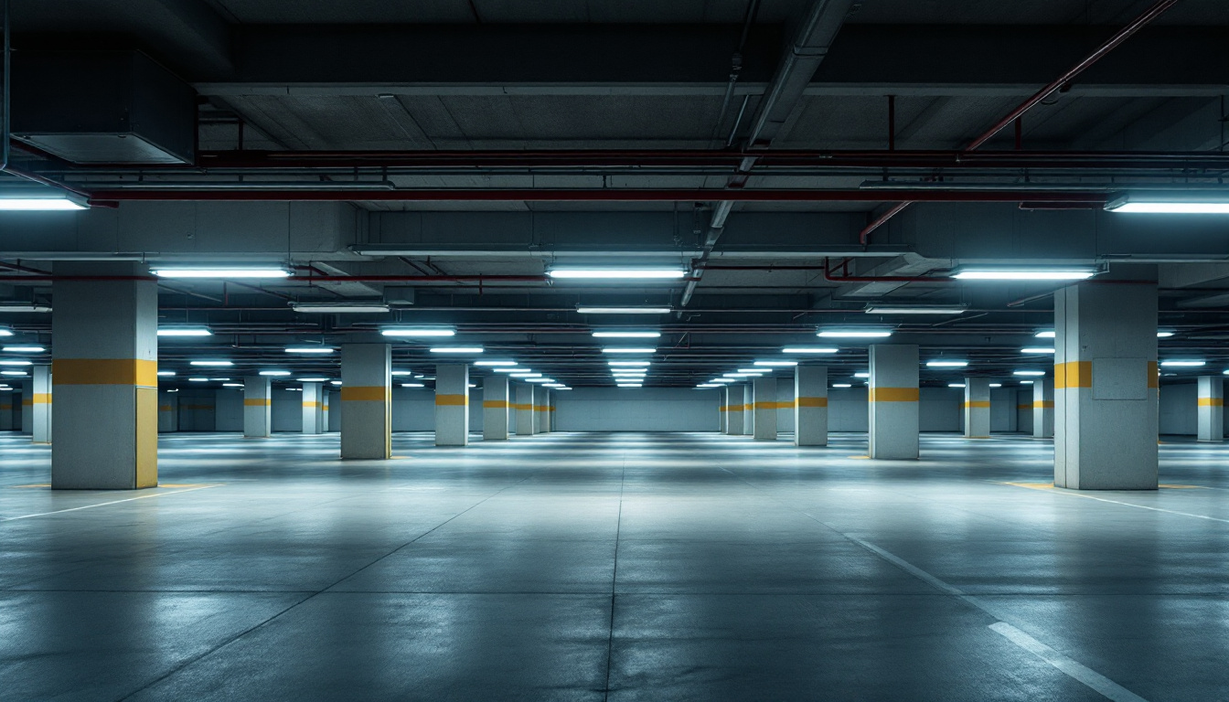 A photograph of a well-lit parking garage that highlights the contrast between the lighting design and the surrounding environment