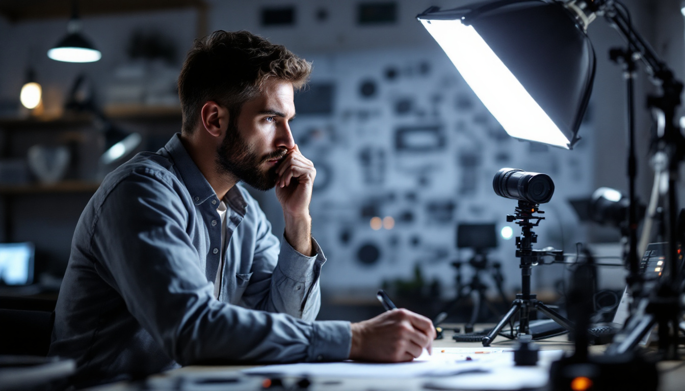 A photograph of an engineer thoughtfully examining a counterlight setup