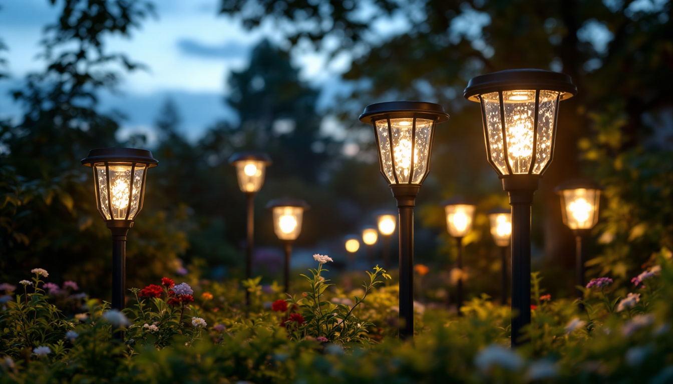 A photograph of a beautifully illuminated garden scene at dusk