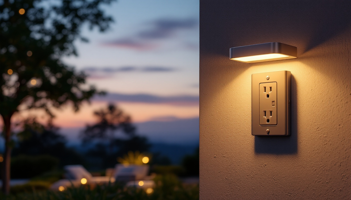 A photograph of a beautifully designed outdoor light fixture with an integrated electrical outlet