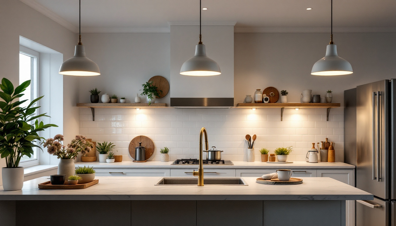 A photograph of a well-lit modern kitchen featuring various ceiling light fixtures