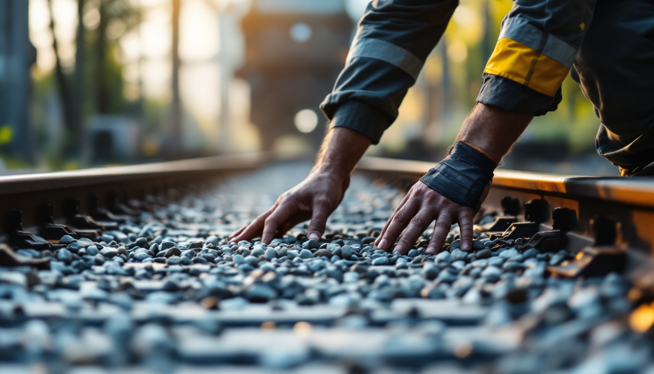 A photograph of a railway engineer inspecting a class p ballast section