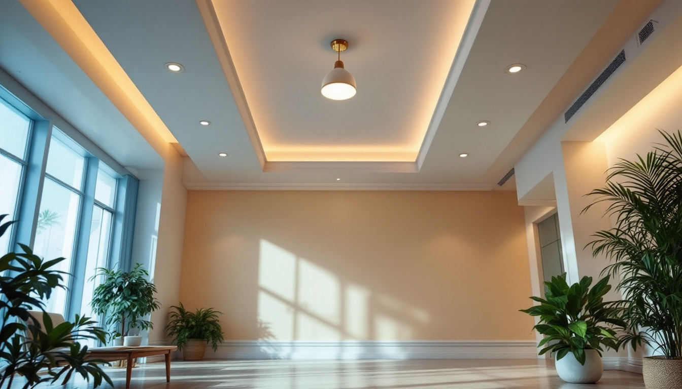 A photograph of a well-lit room showcasing various ceiling designs and lighting fixtures