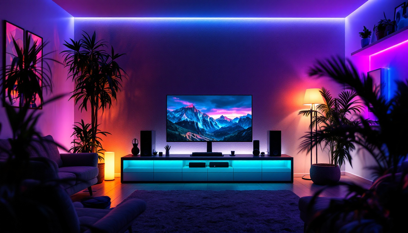 A photograph of a well-designed game room featuring various lighting setups