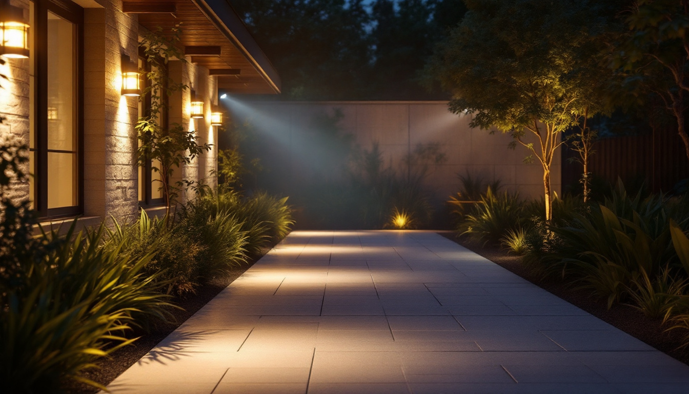 A photograph of a beautifully illuminated outdoor space featuring motion sensor lighting in action