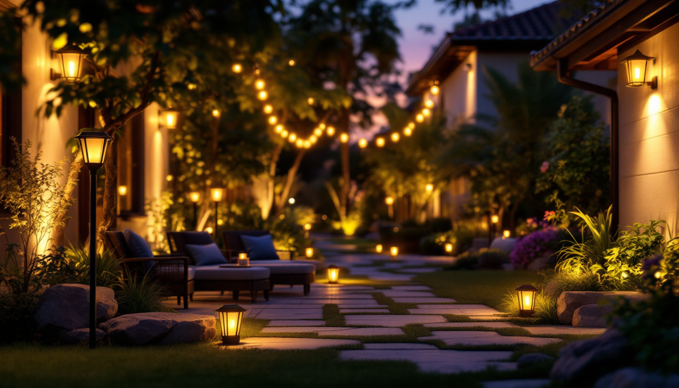 A photograph of a beautifully illuminated outdoor space featuring solar lights in various styles