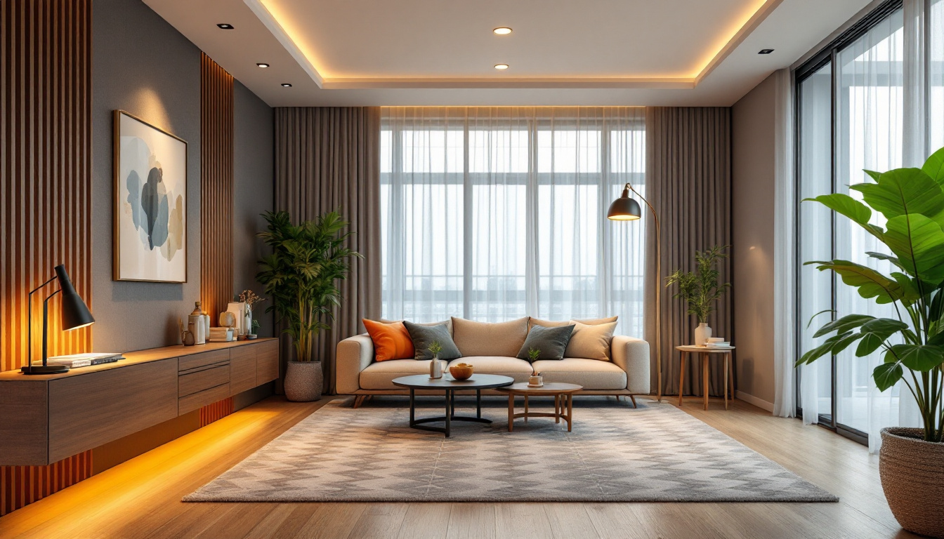 A photograph of a stylishly designed room showcasing elegant brass recessed lighting fixtures in action