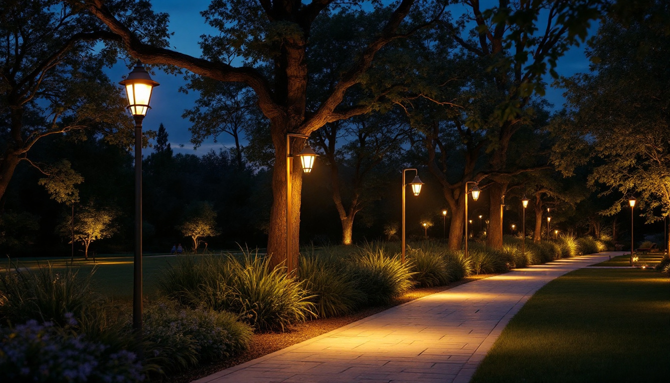 A photograph of a beautifully illuminated outdoor space featuring a variety of light post designs in a natural setting