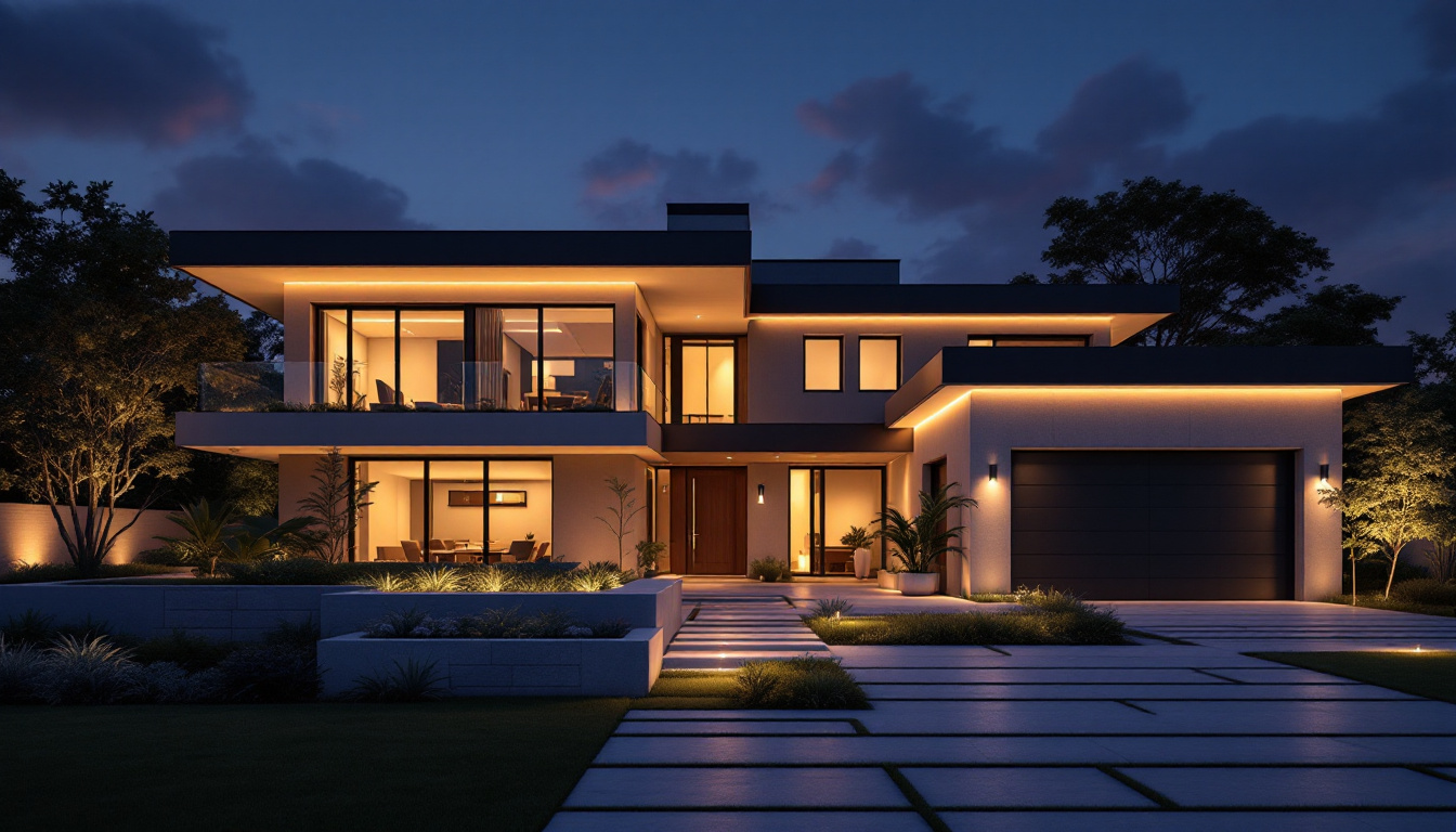 A photograph of a beautifully illuminated modern exterior of a house at dusk
