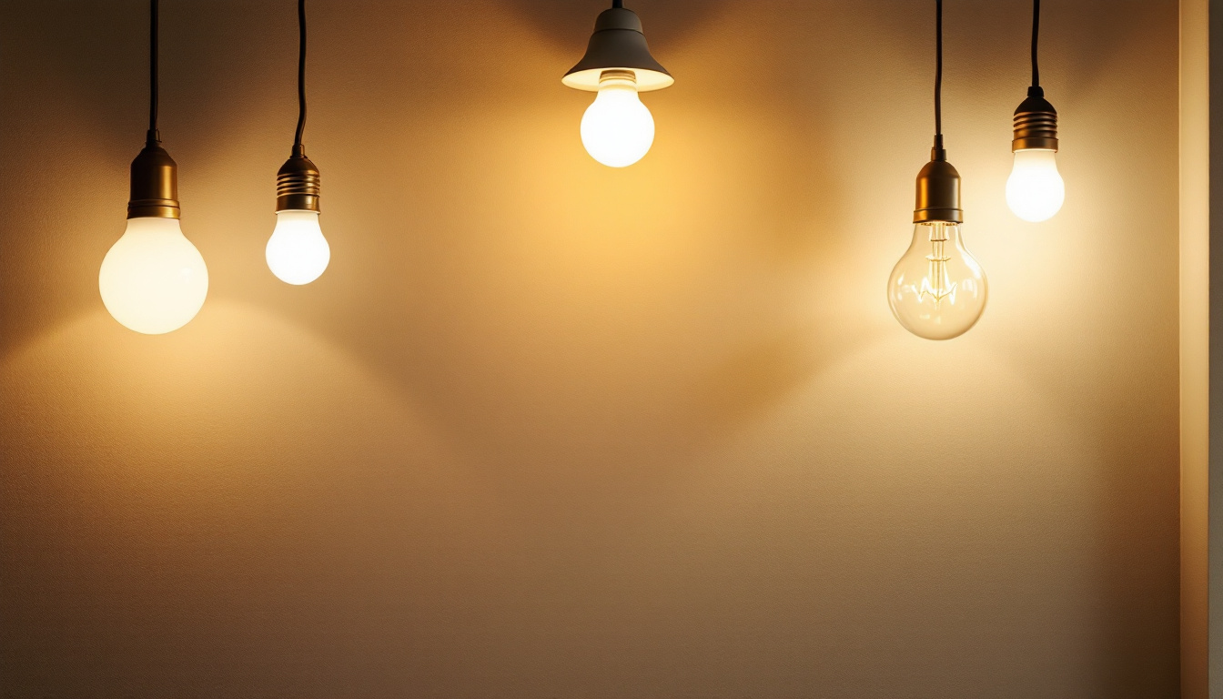 A photograph of a well-lit indoor setting showcasing a variety of 13-watt compact fluorescent bulbs in different fixtures