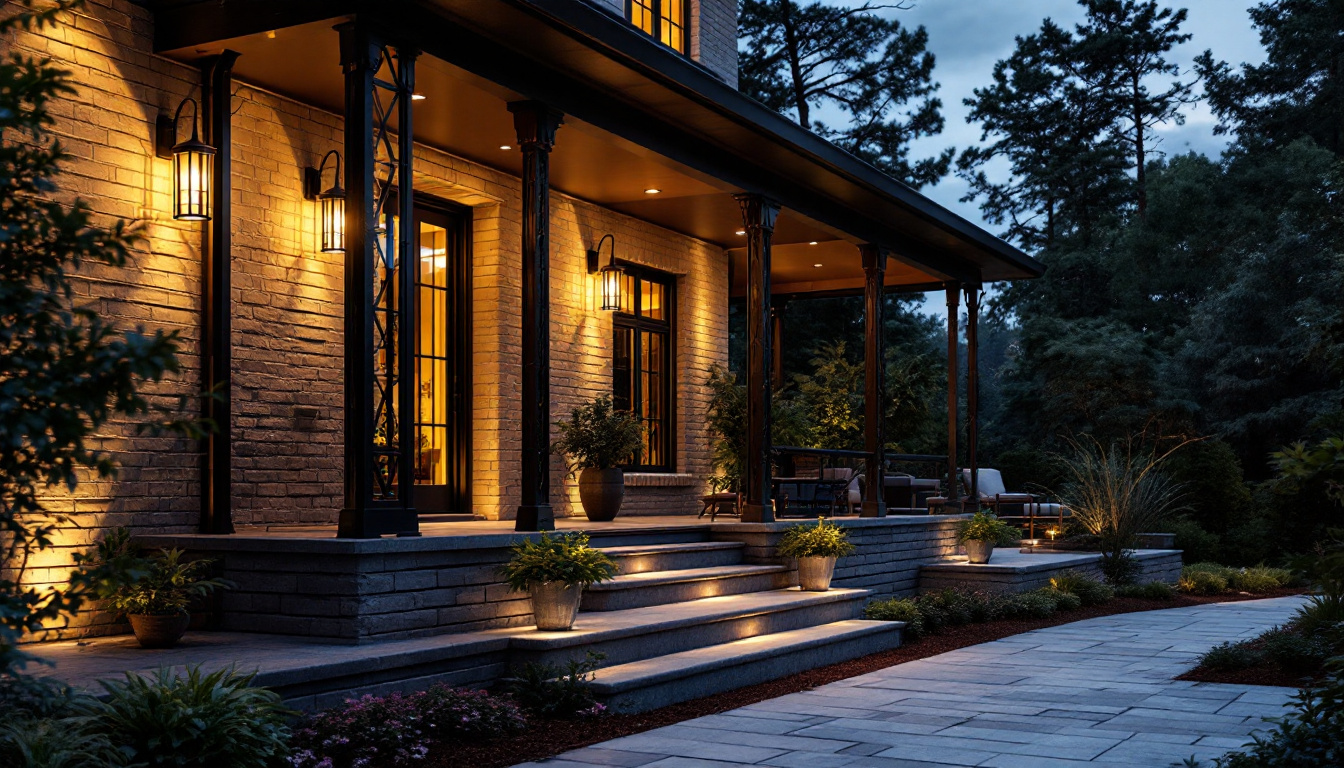 A photograph of a beautifully lit porch featuring stylish ceiling-mounted lights