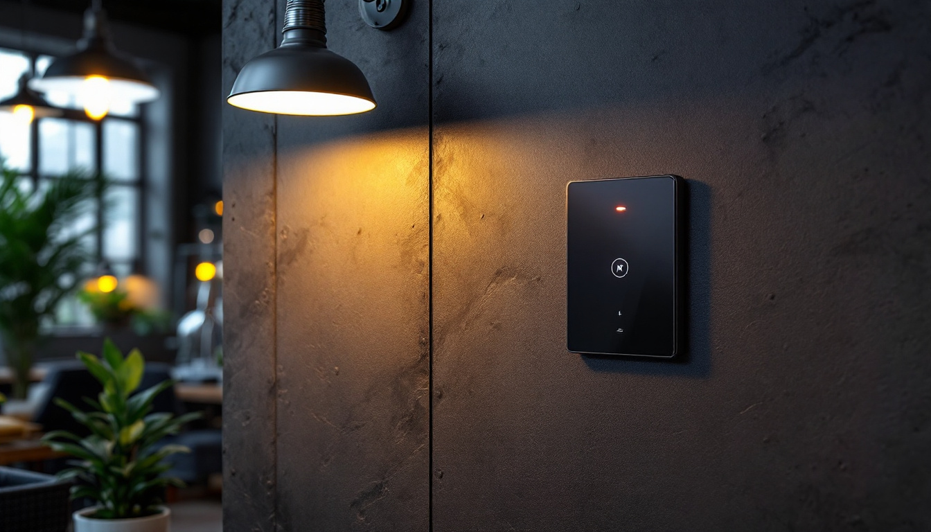 A photograph of capture a photograph of a modern wi-fi light switch in an industrial setting