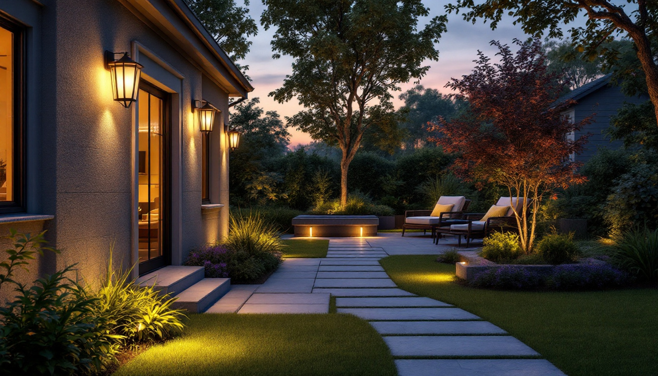 A photograph of a beautifully illuminated outdoor space featuring various types of outdoor lighting fixtures