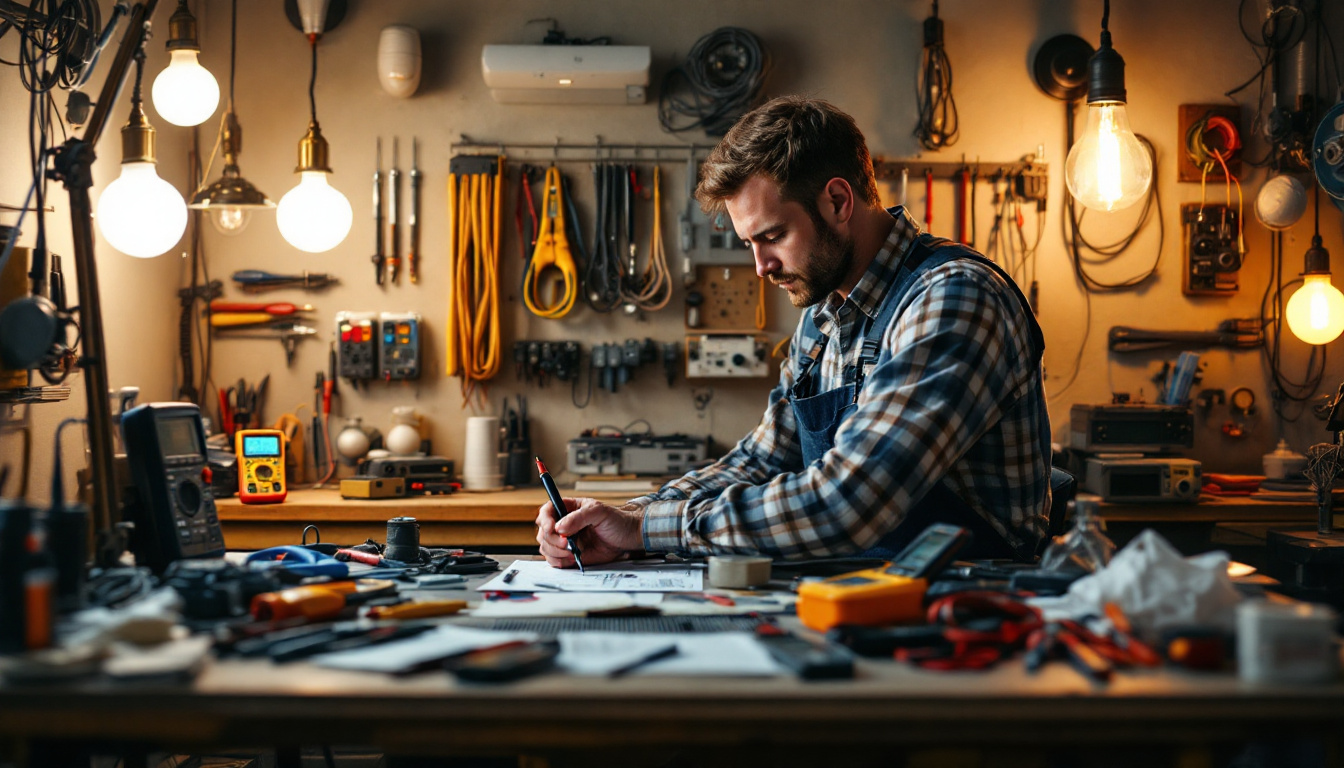 A photograph of a well-organized workspace featuring various electrical equipment tools