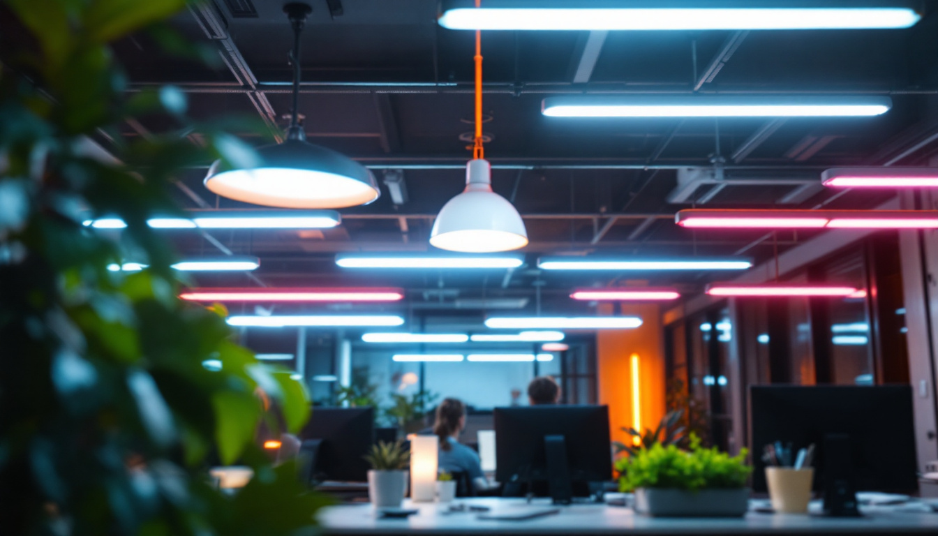 A photograph of a modern workspace featuring various fluorescent lighting fixtures integrated with advanced lighting controls