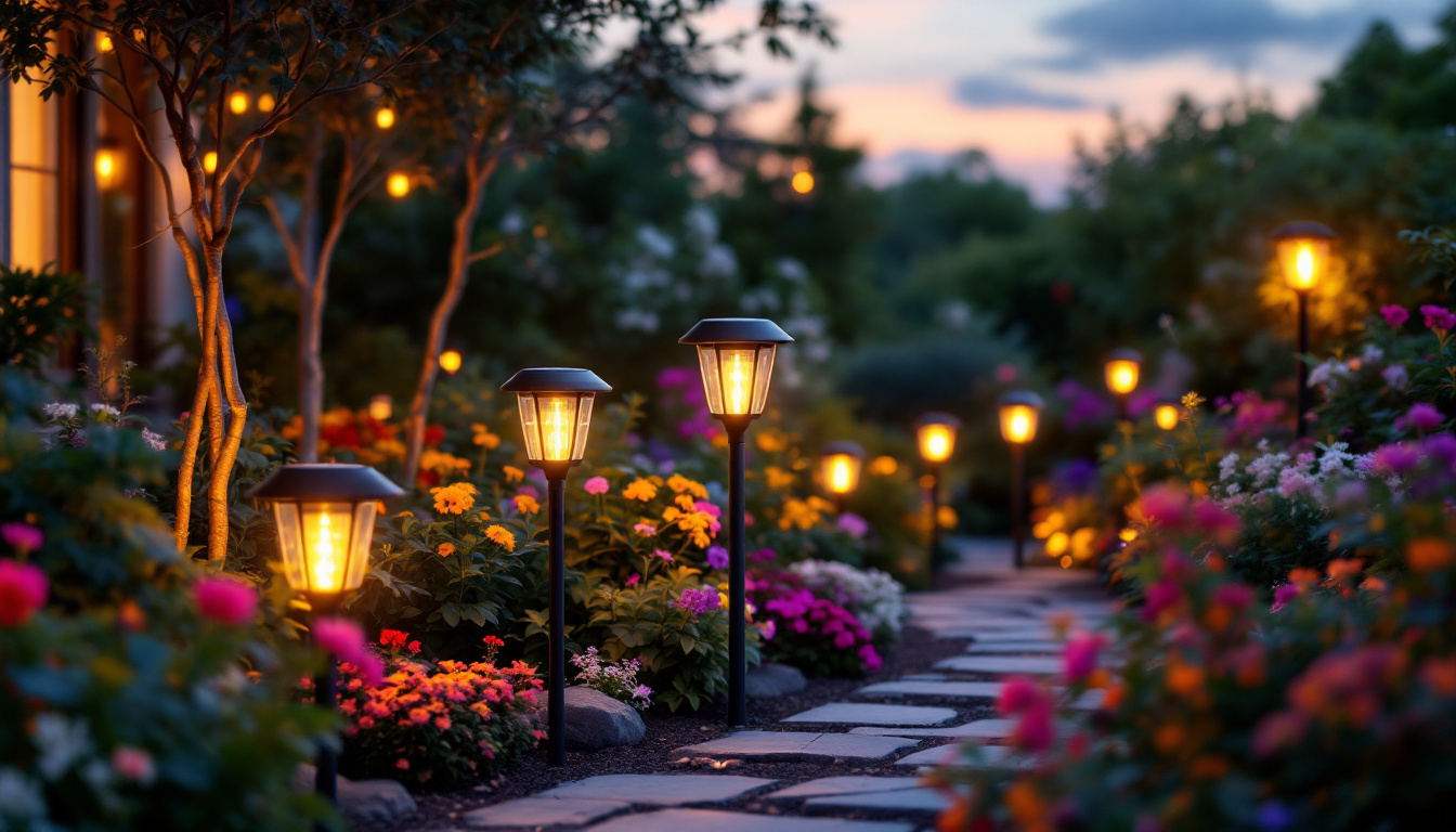 A photograph of a beautifully illuminated garden scene at dusk