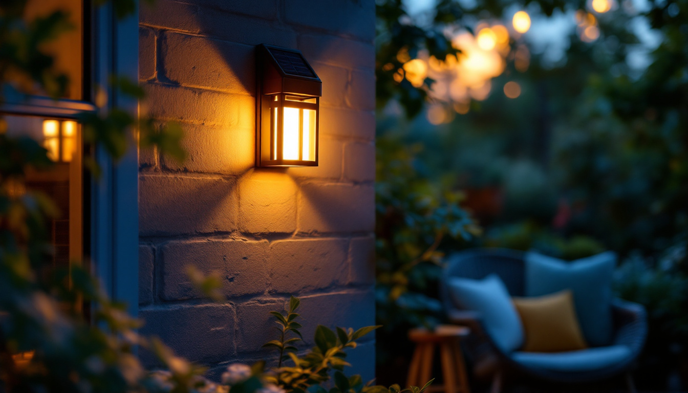 A photograph of a beautifully designed solar sconce illuminating a cozy outdoor space at dusk