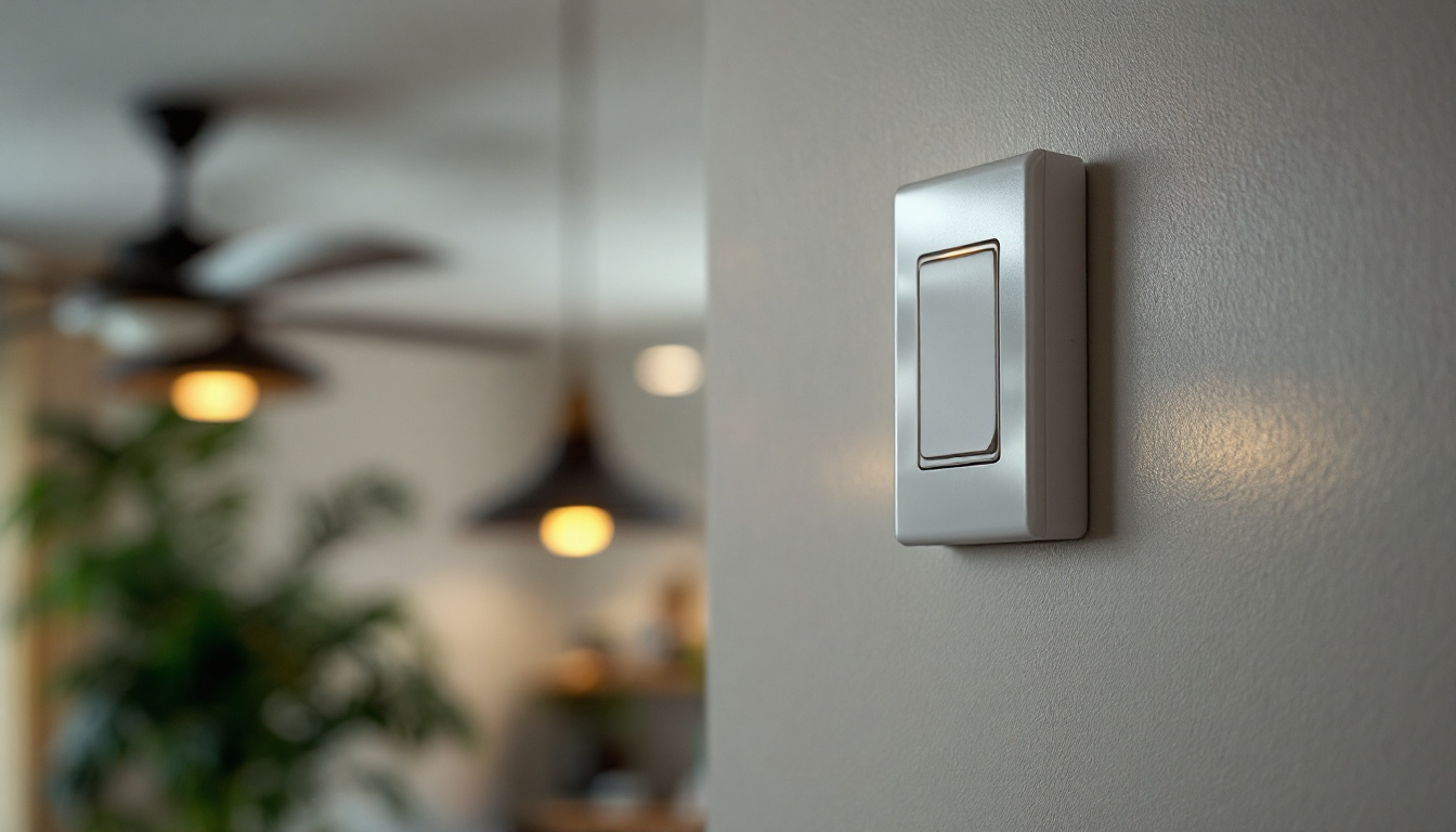 A photograph of a close-up view of a ceiling fan light wall switch
