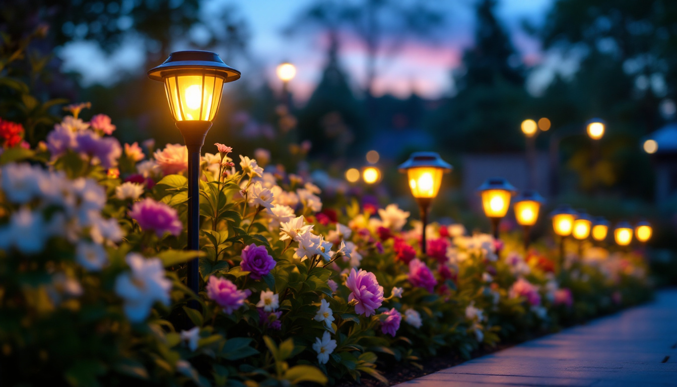 A photograph of a beautifully illuminated flower bed at dusk