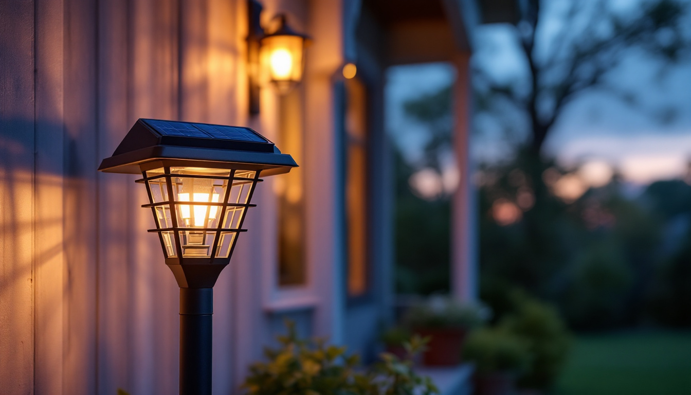 A photograph of a solar porch lamp illuminated at dusk