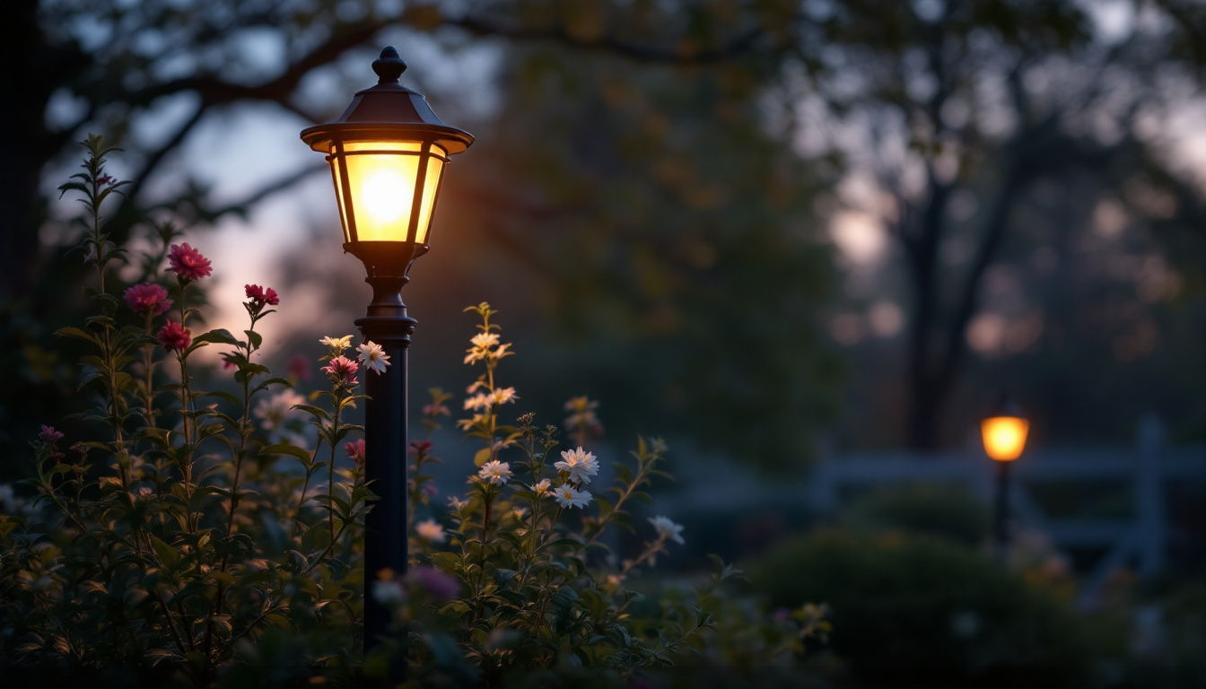 A photograph of a beautifully illuminated outdoor pedestal light in a serene garden setting at dusk