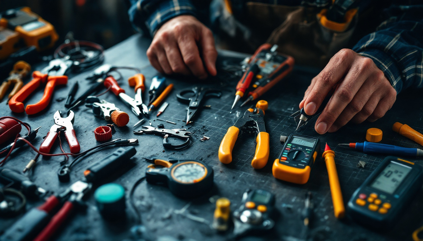 A photograph of a skilled electrician working with a variety of essential tools