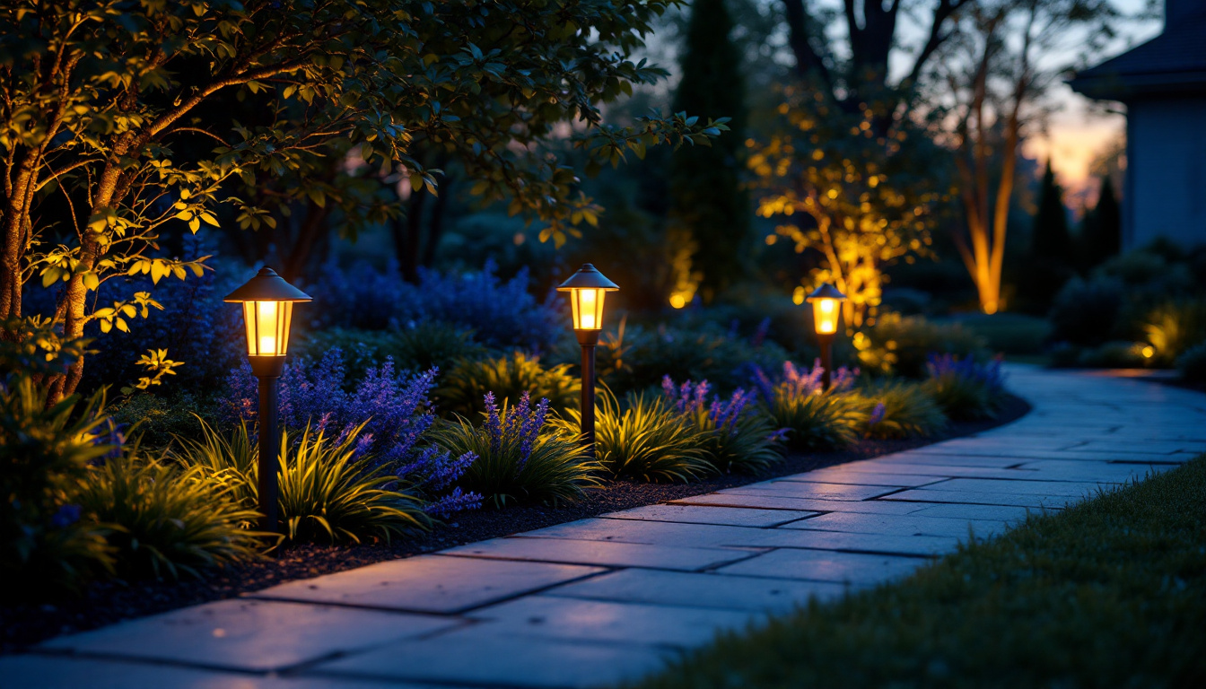 A photograph of a beautifully illuminated outdoor landscape featuring various types of landscape lighting electrical connectors in use