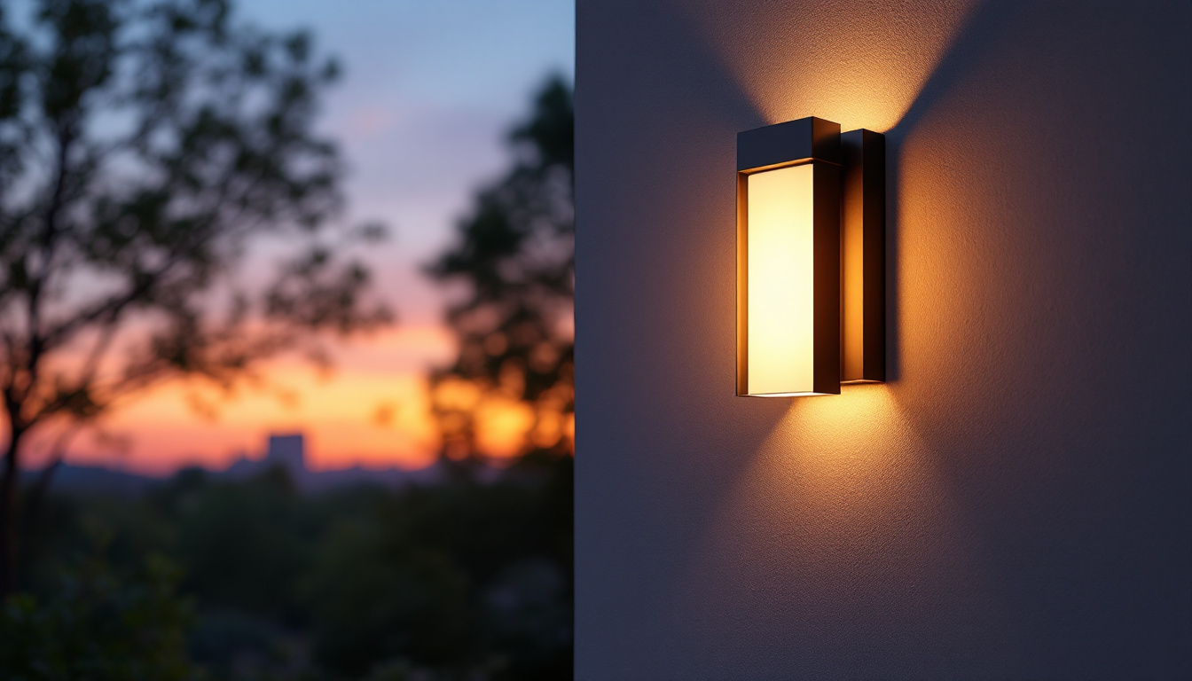 A photograph of a stylish outdoor wall sconce light fixture illuminated at dusk