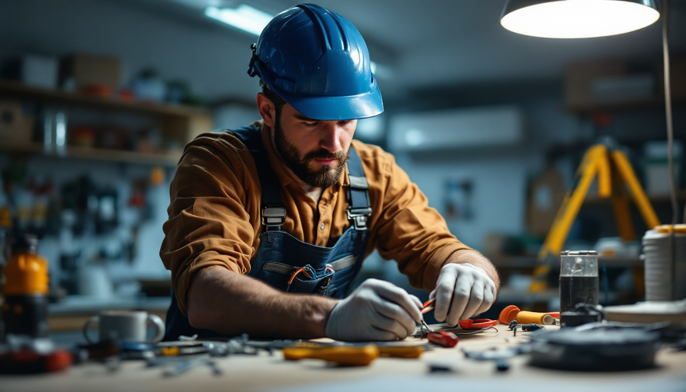 A photograph of a skilled electrician carefully connecting wires in a well-lit