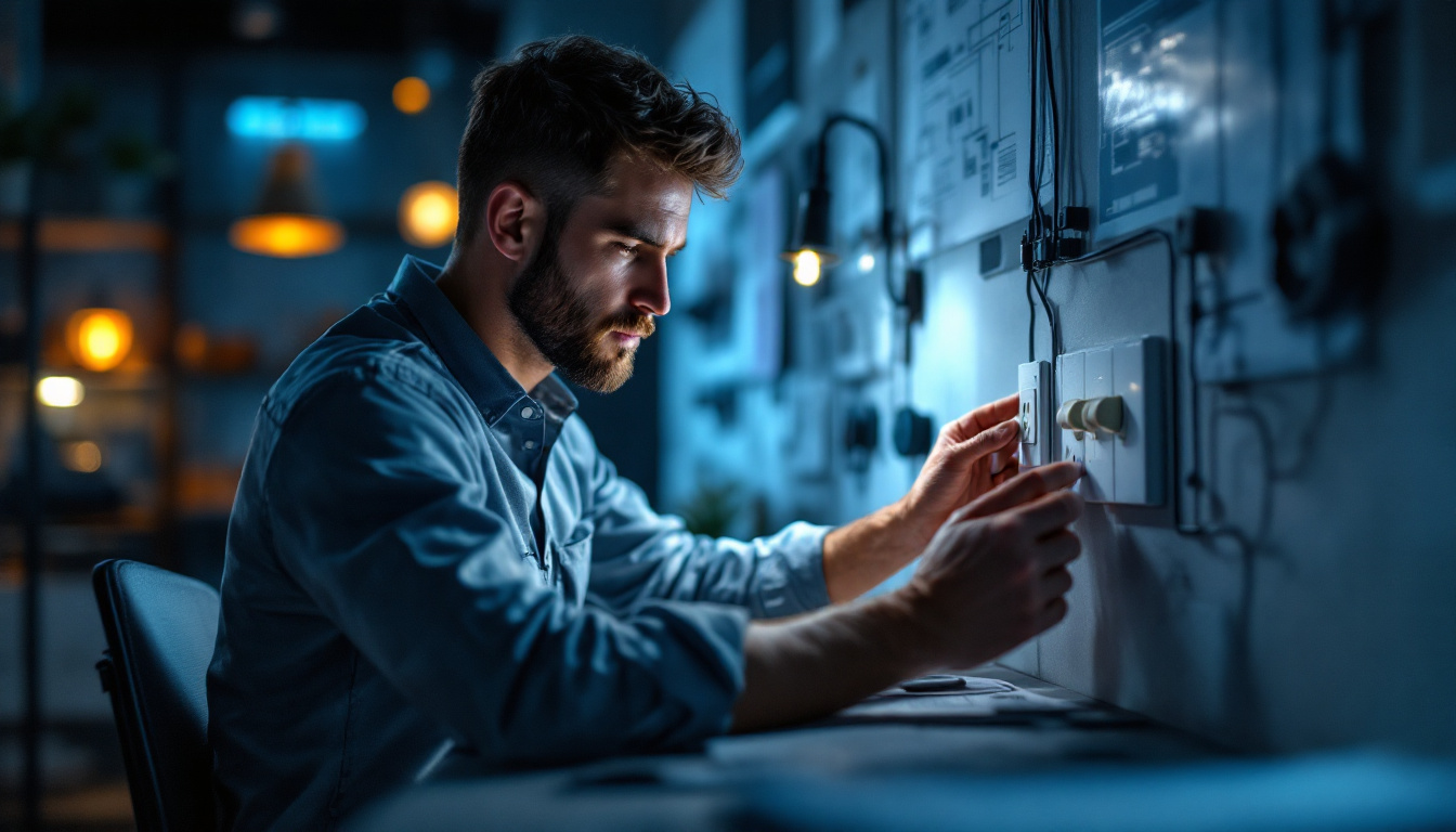 A photograph of a lighting engineer in a modern workspace
