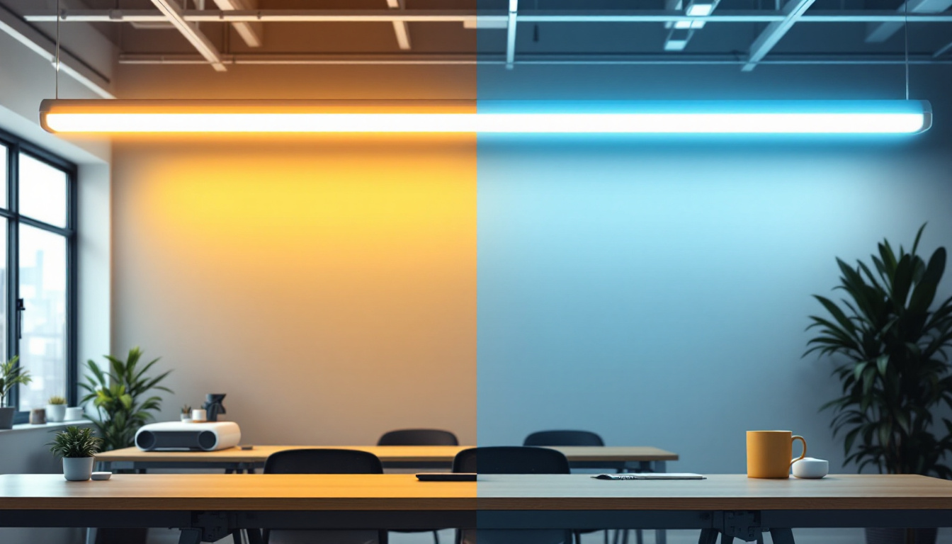 A photograph of a well-lit workspace showcasing a comparison between traditional t8 fluorescent tubes and led t8 tubes