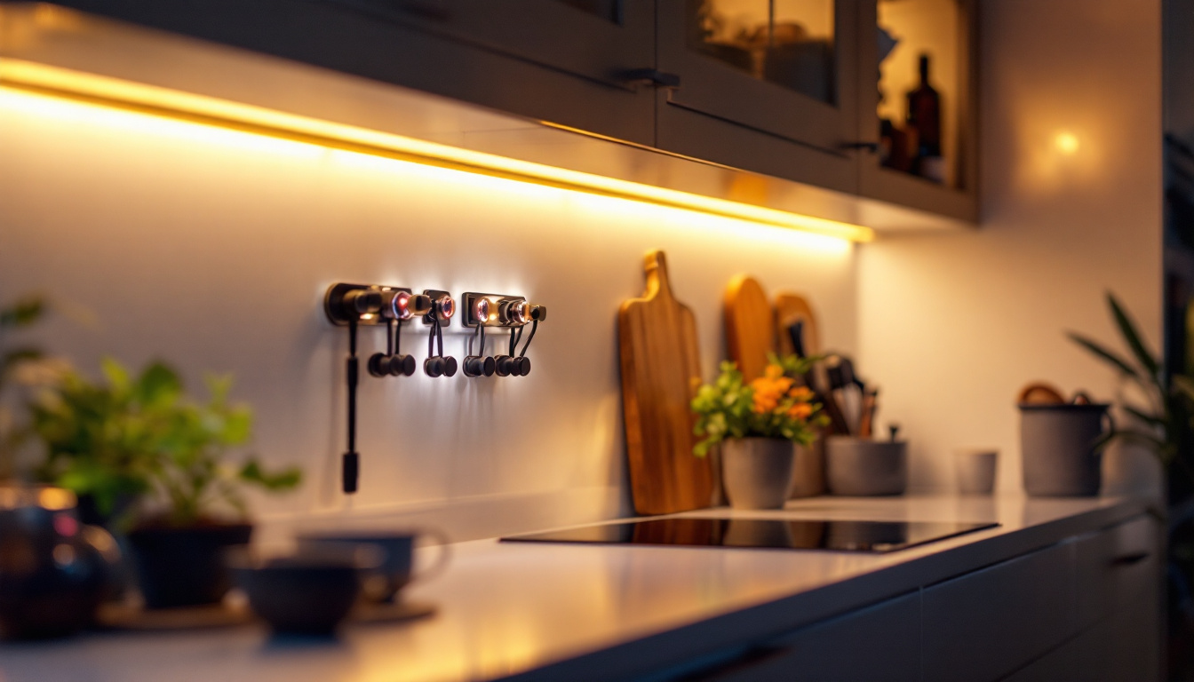 A photograph of a beautifully illuminated cabinet showcasing vibrant led strip lights in a modern kitchen or living space