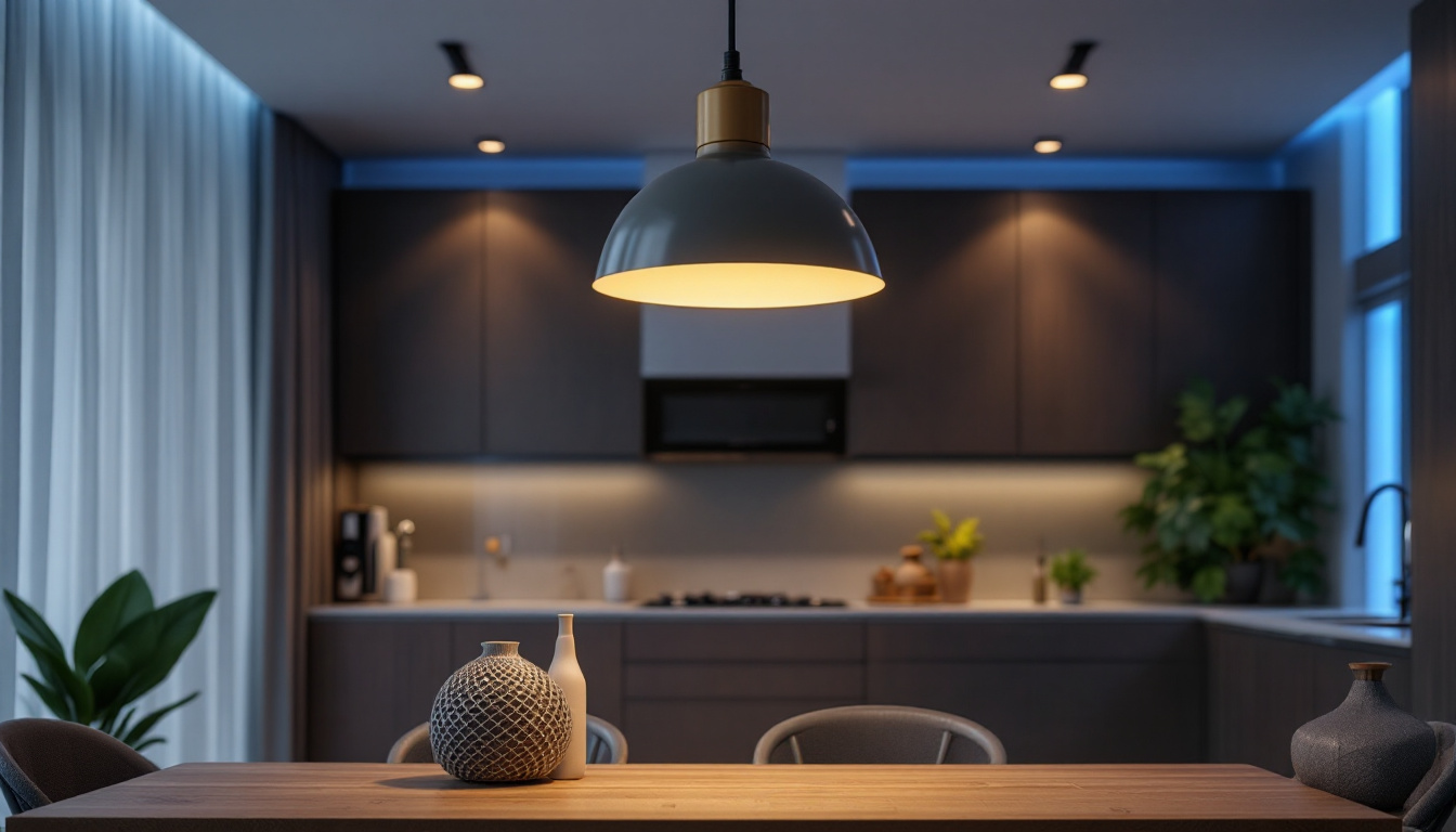 A photograph of a modern interior showcasing a stylish pendant light installation alongside recessed lighting