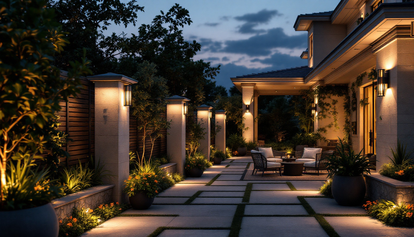 A photograph of a beautifully designed patio illuminated by stylish light fixtures at dusk