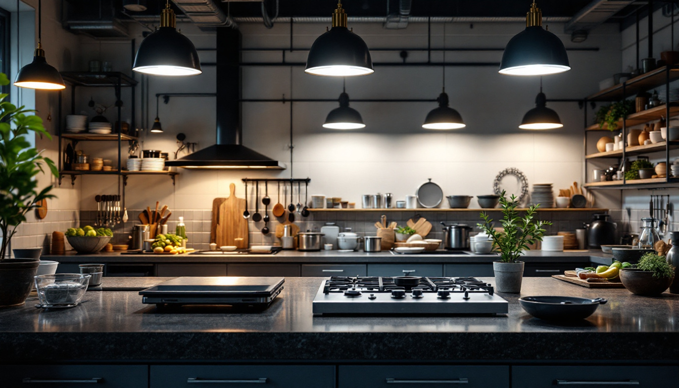 A photograph of a modern industrial kitchen showcasing sleek