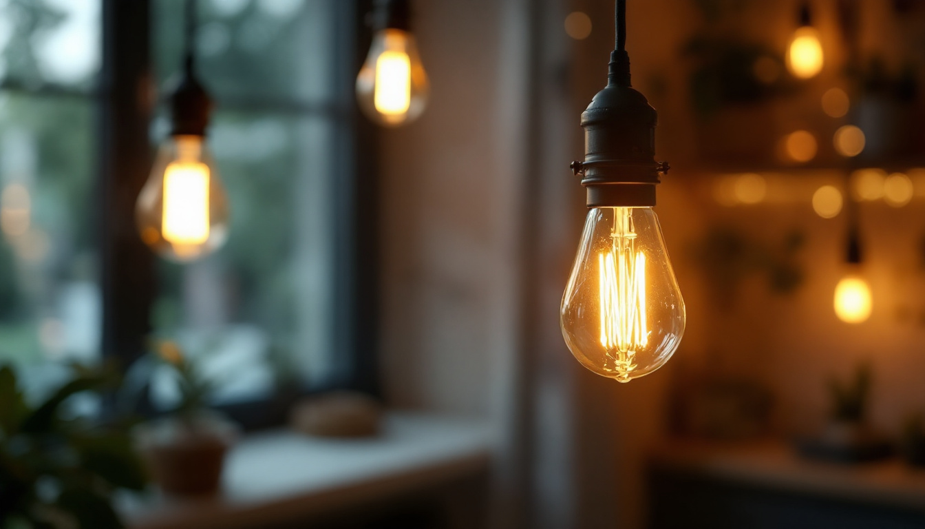 A photograph of a vintage-style bulb illuminated in a cozy setting