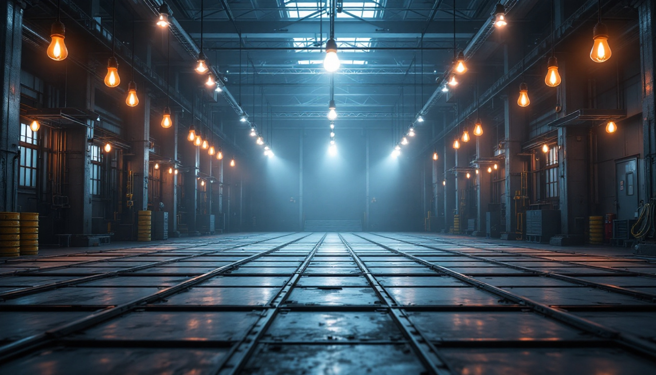 A photograph of a spacious commercial or industrial setting showcasing a large-scale lighting installation