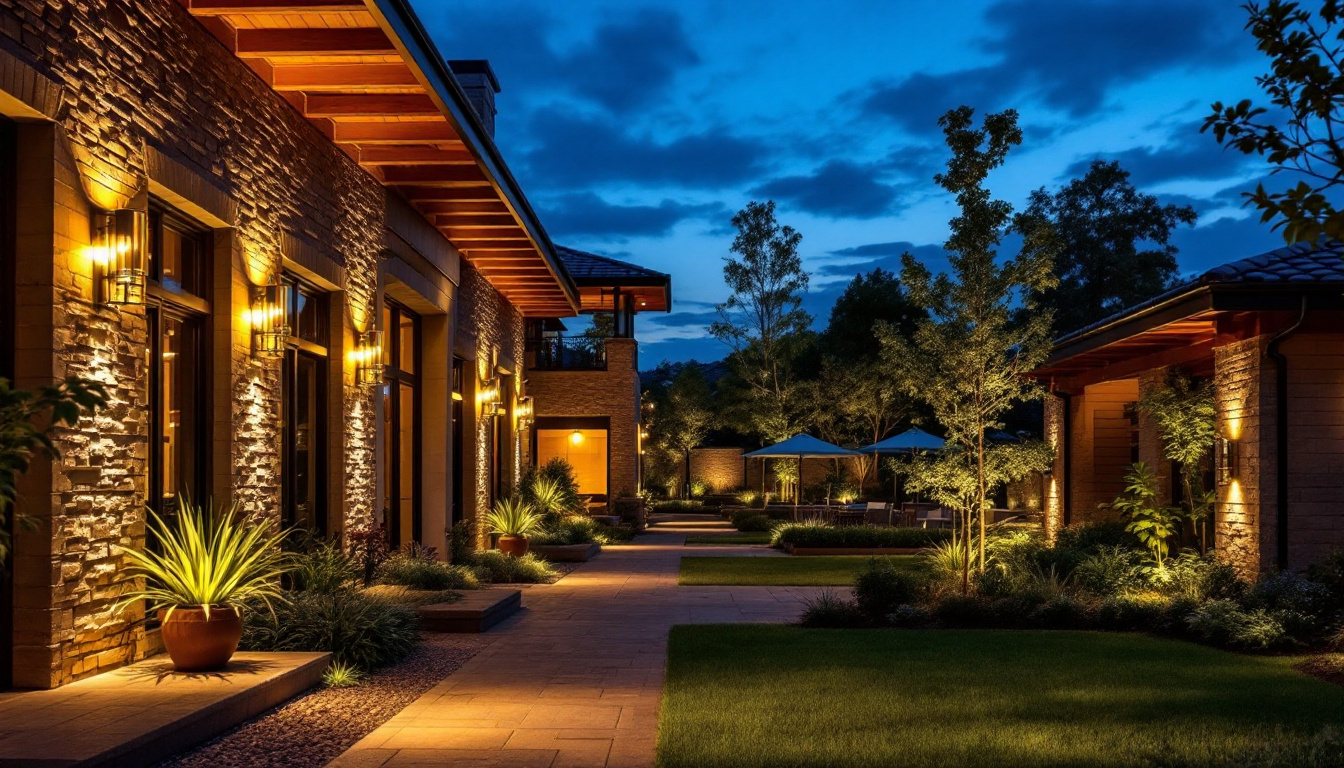 A photograph of a beautifully illuminated outdoor space at dusk