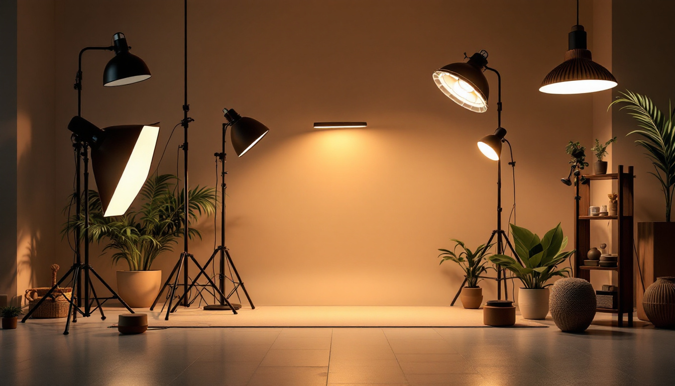 A photograph of a stylishly arranged lighting setup featuring various light fixtures in a beautifully lit space