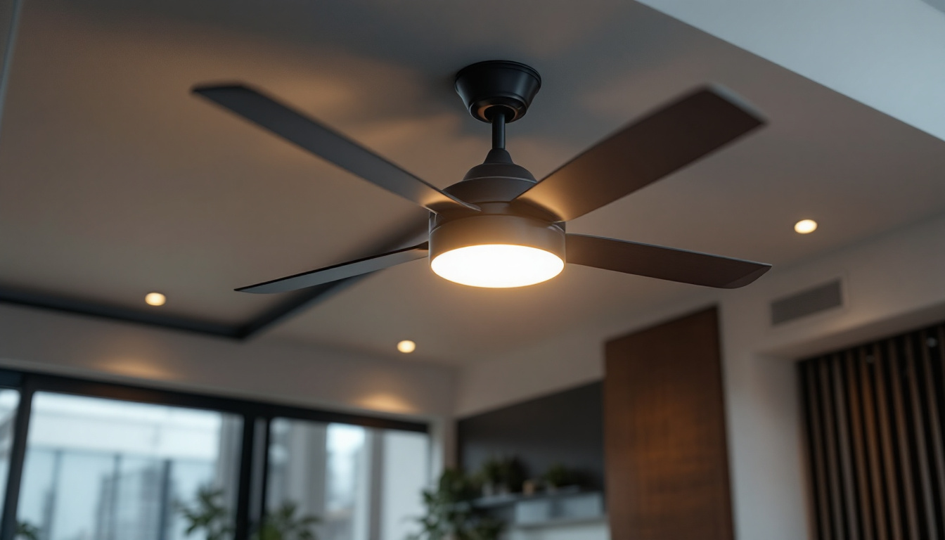 A photograph of a modern ceiling fan integrated with stylish lighting fixtures in a well-designed interior space