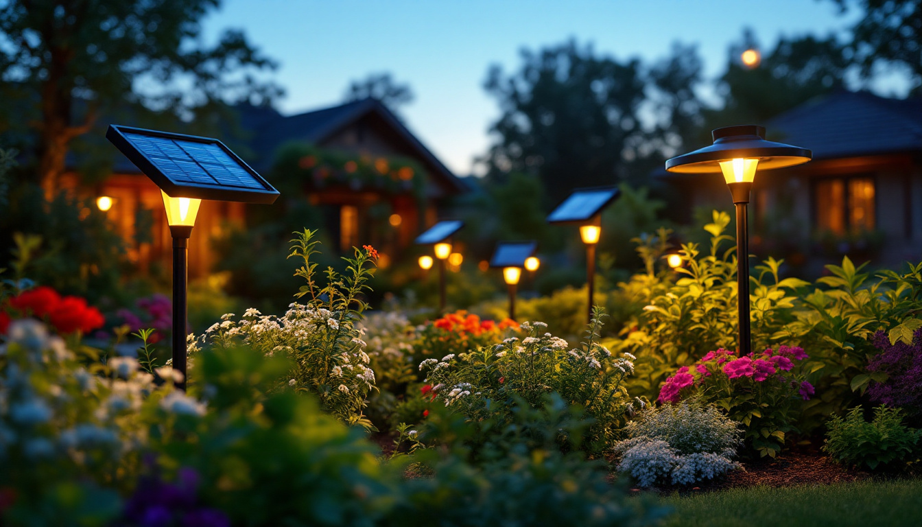 A photograph of a beautifully arranged garden scene illuminated by solar lights at dusk