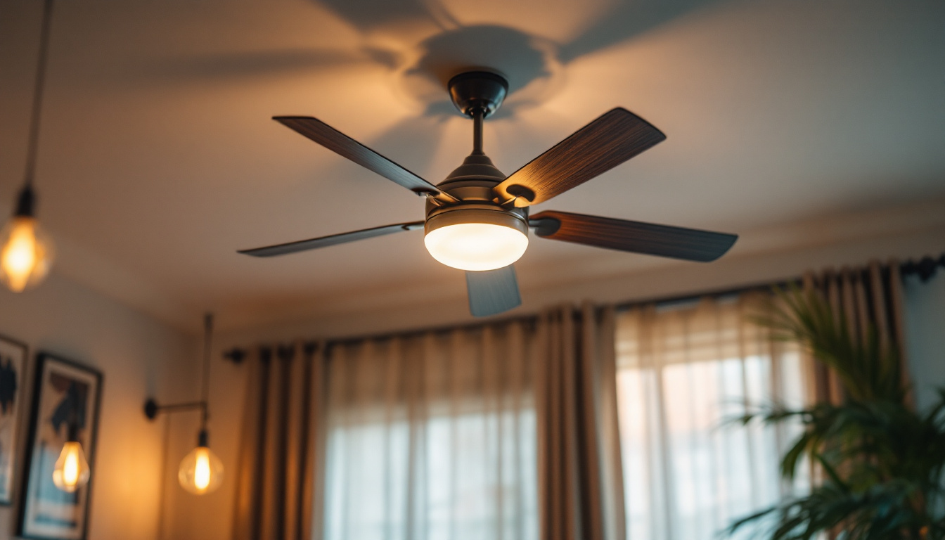 A photograph of an elegantly designed ceiling fan installed in a beautifully lit room