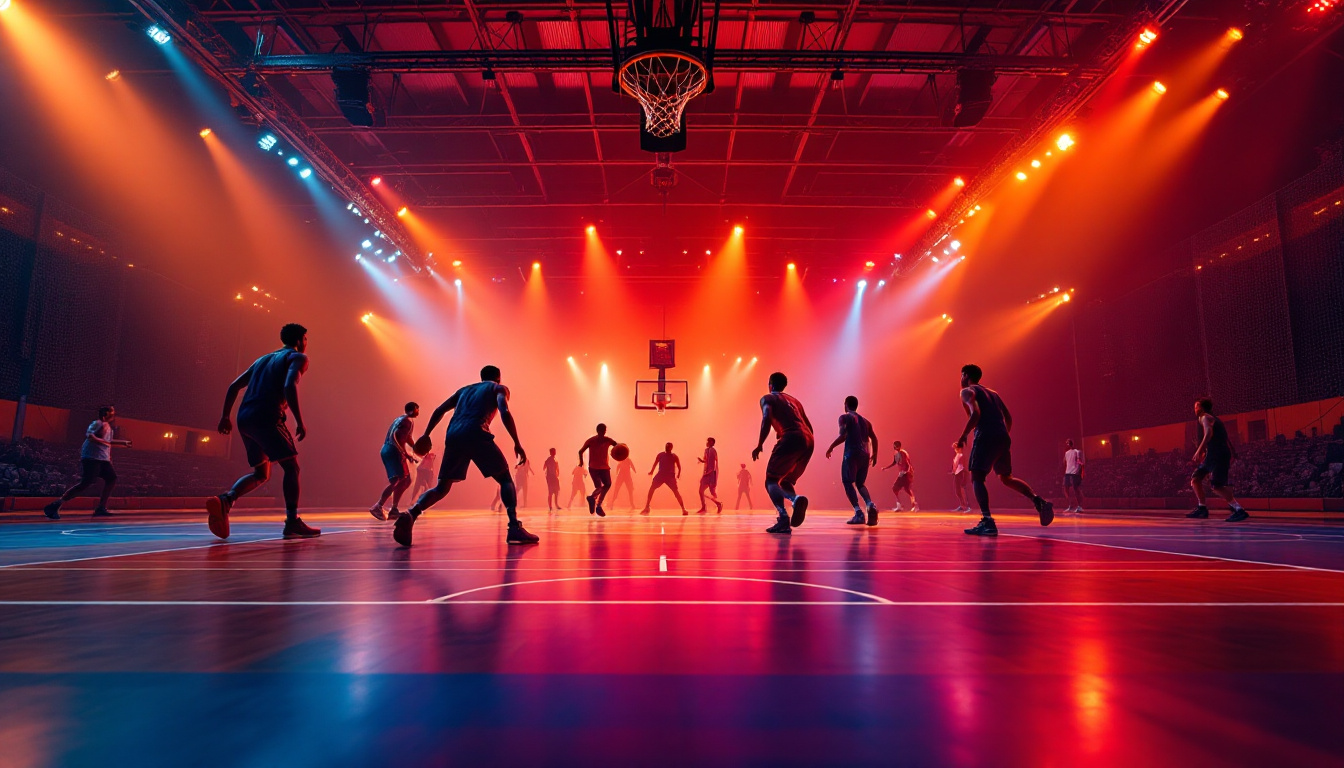 A photograph of a vibrant basketball court illuminated by dynamic lighting